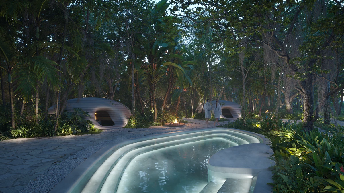 Curved water garden and sculptural pavilions within the Aldea Uh May jungle